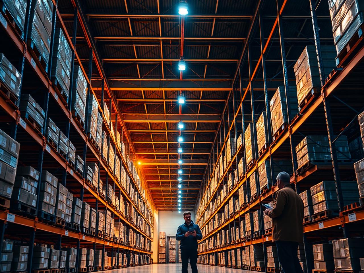 High-bay logistics warehouse with pallet racking and staff reviewing shipments