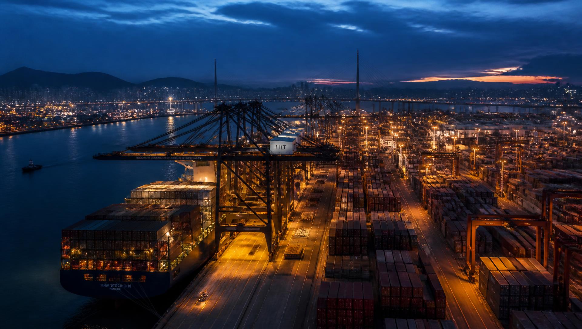 Container terminal at blue hour with gantry cranes loading a cargo ship